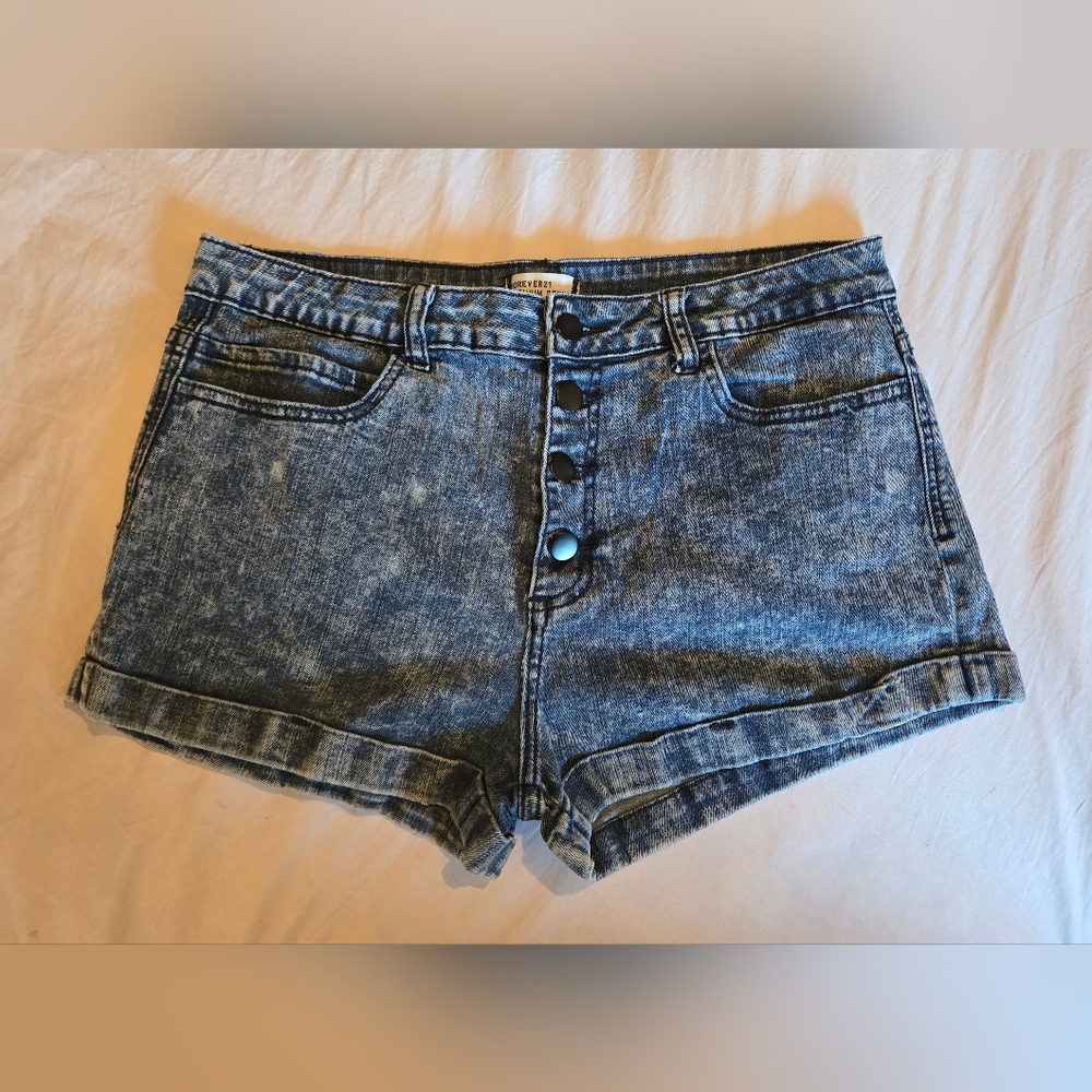 FOREVER 21 PREMIUM High-Waisted, Button Fly Jean Shorts; Sz 30; Dark Acid Wash